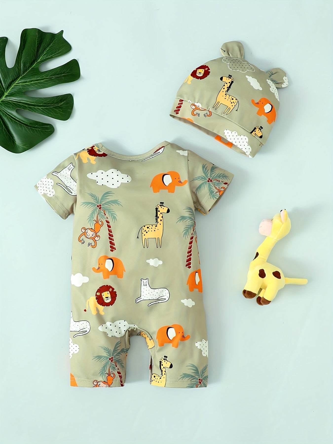 Cute Animal Print Baby Boys 2pc Romper & Hat Set