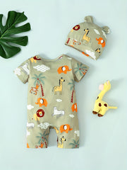 Cute Animal Print Baby Boys 2pc Romper & Hat Set