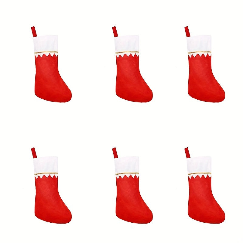 6pcs Felt Christmas Socks Red Non-woven Golden Trim Fireplace Hanging