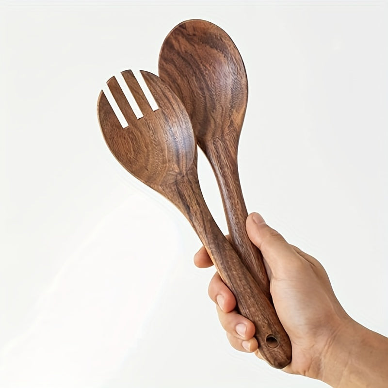 2PCS Wooden Salad Servers Wooden Spoon Fork Kitchen Utensils Sets