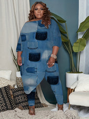 Denim Print One Shoulder Tunic Top & Leggings Set