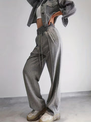 Solid Drawstring Wide Leg Pants Casual Elastic Waist Long Length