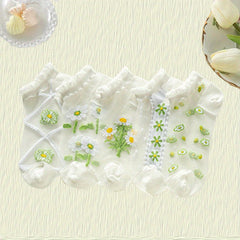 Girls Floral Crystal Lace Ankle Socks - Breathable Ice Silk Summer Sock