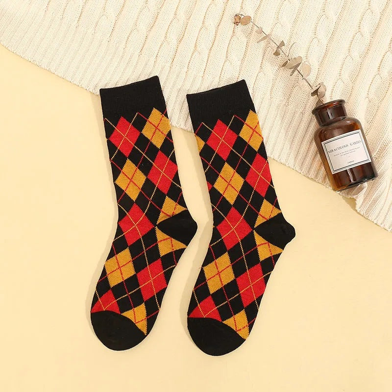 Colorblock Plaid Socks Breathable College Style Women Stockings