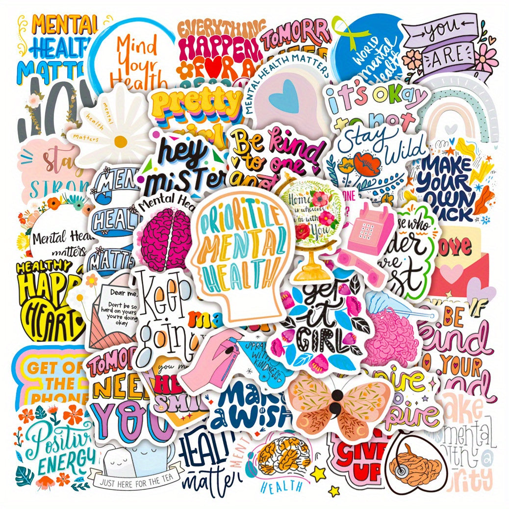 Set of 50 Mental Health Inspired English Stickers for Laptop Car Wallet & More