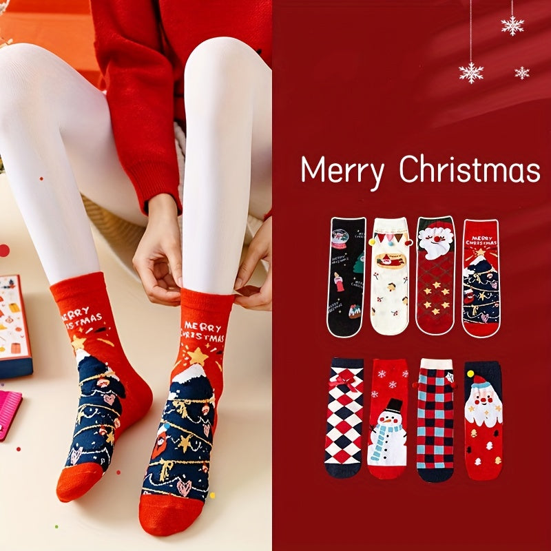 4 Pairs Cartoon Christmas Print Crew Socks Women's Stockings