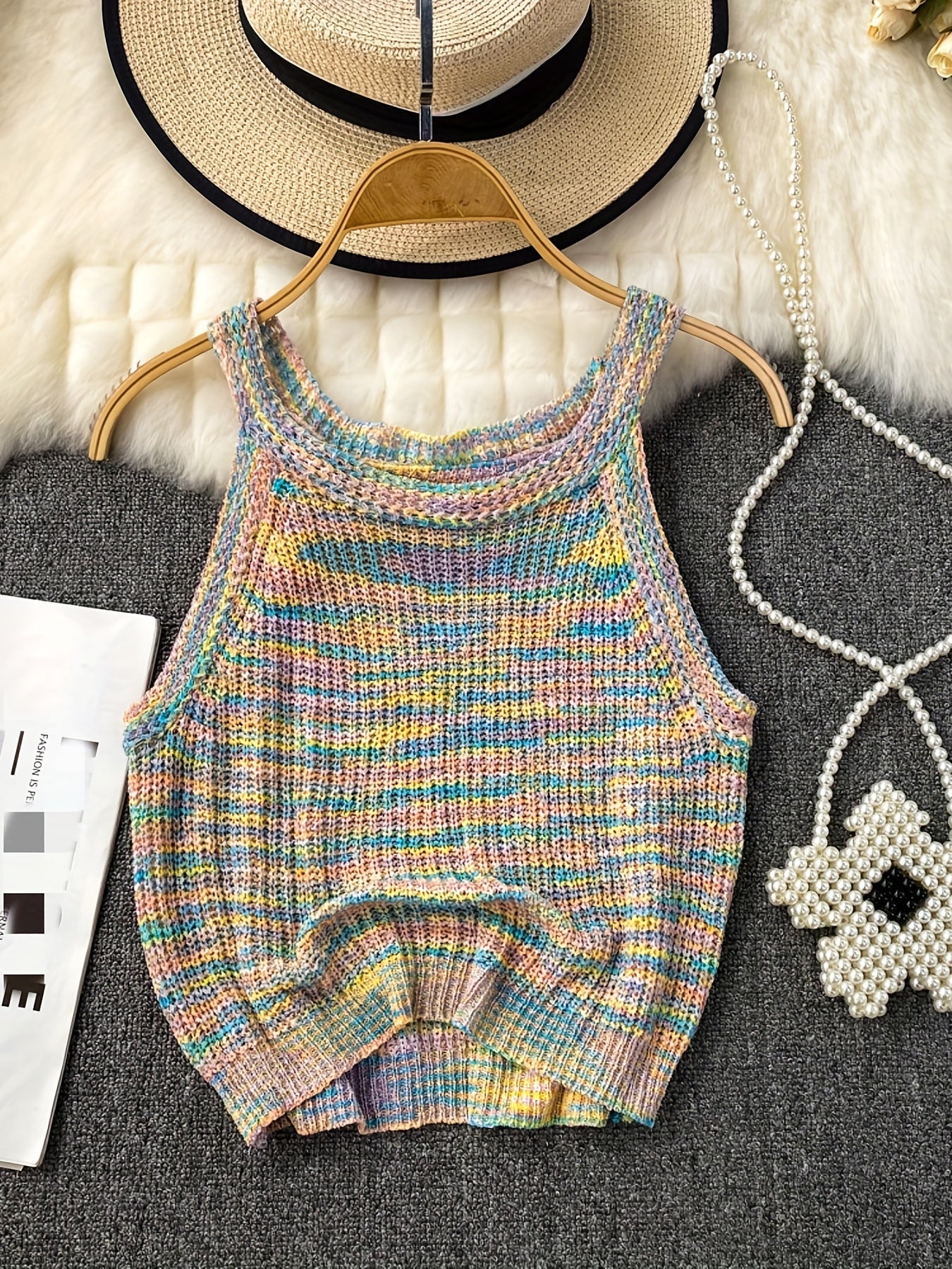 Colorful Knit Halter Neck Top Women's Clothing