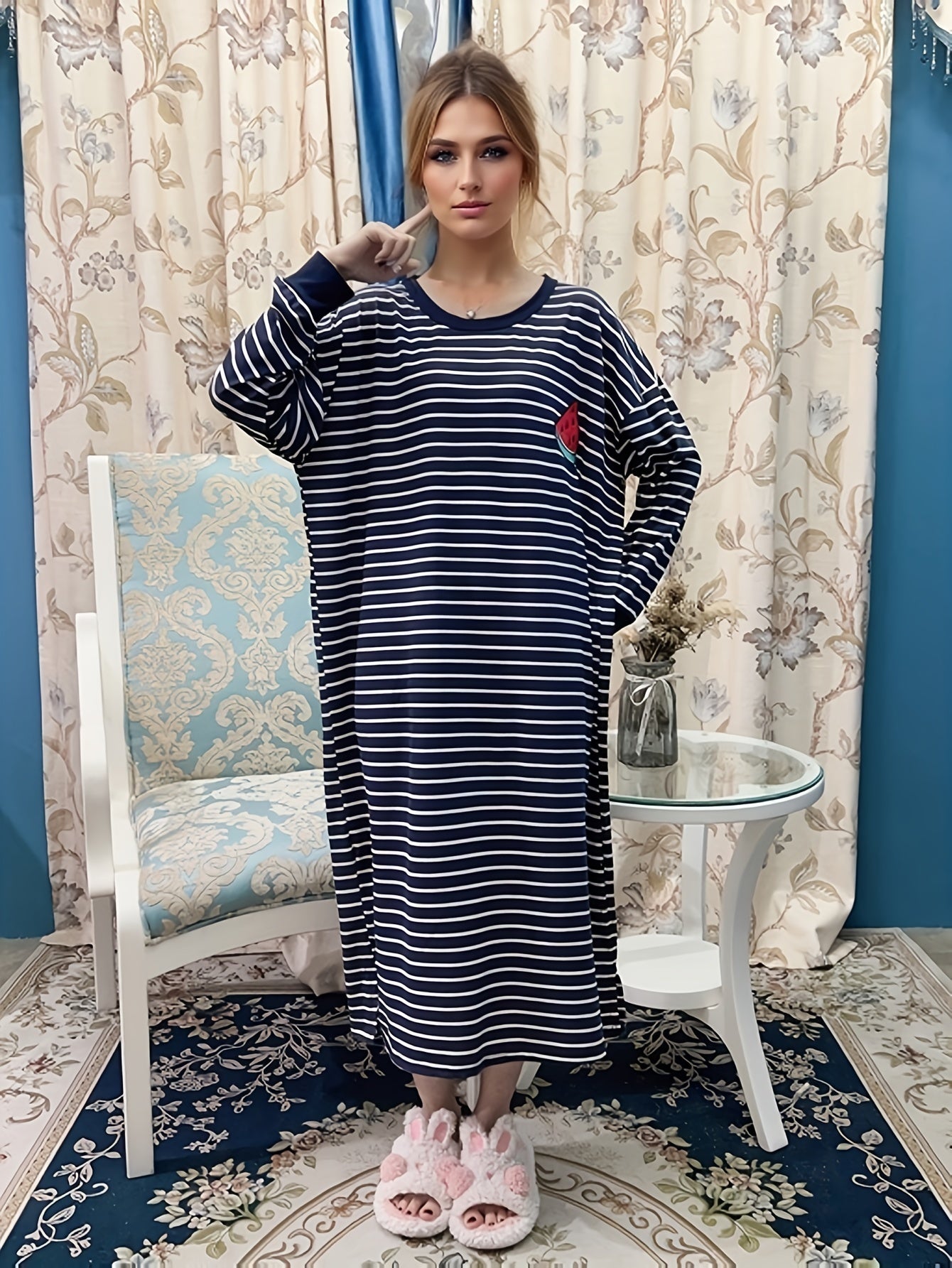 Watermelon Print Lounge Dress Long Sleeve Striped Home Dress