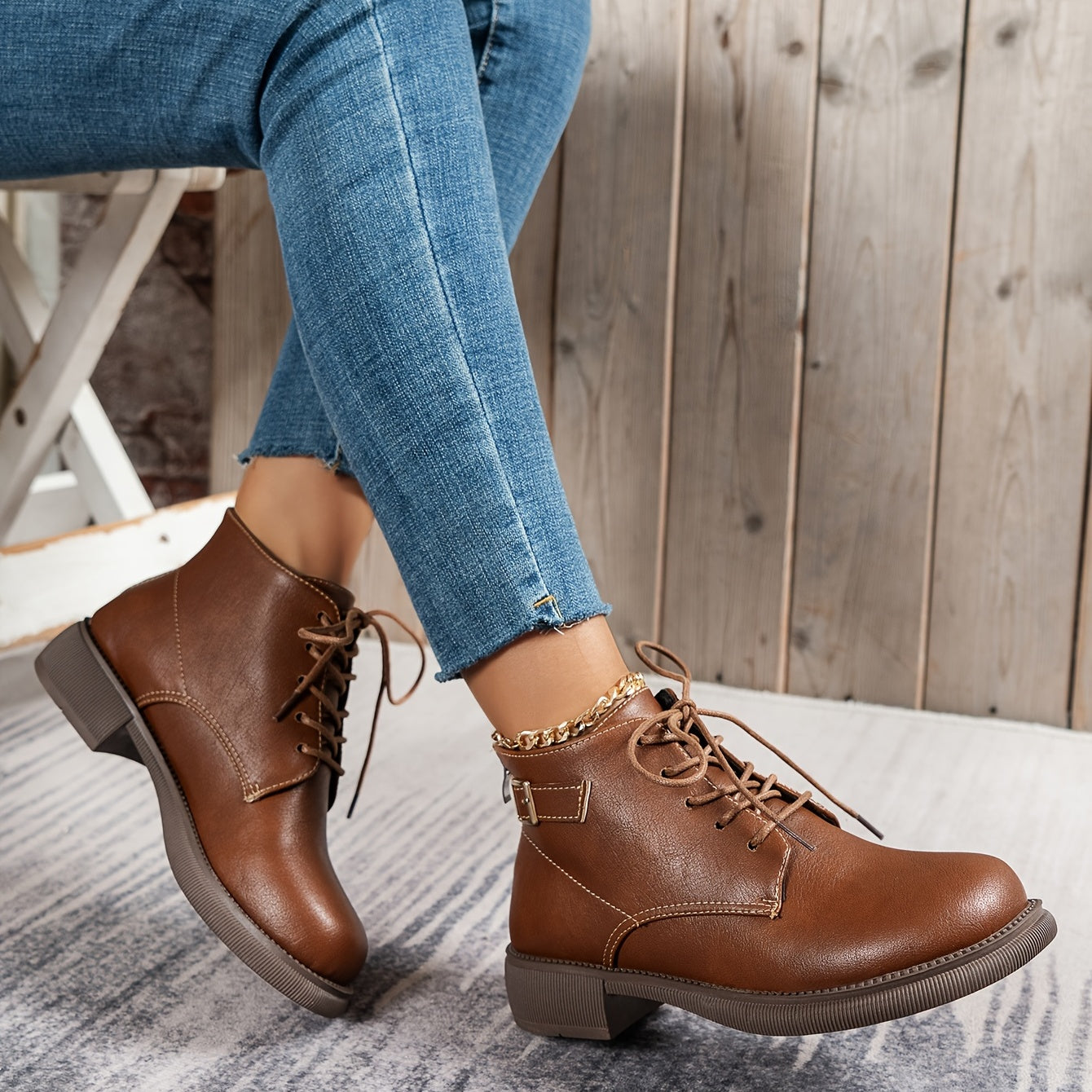 Women's Lace-Up Ankle Boots Solid Faux Leather