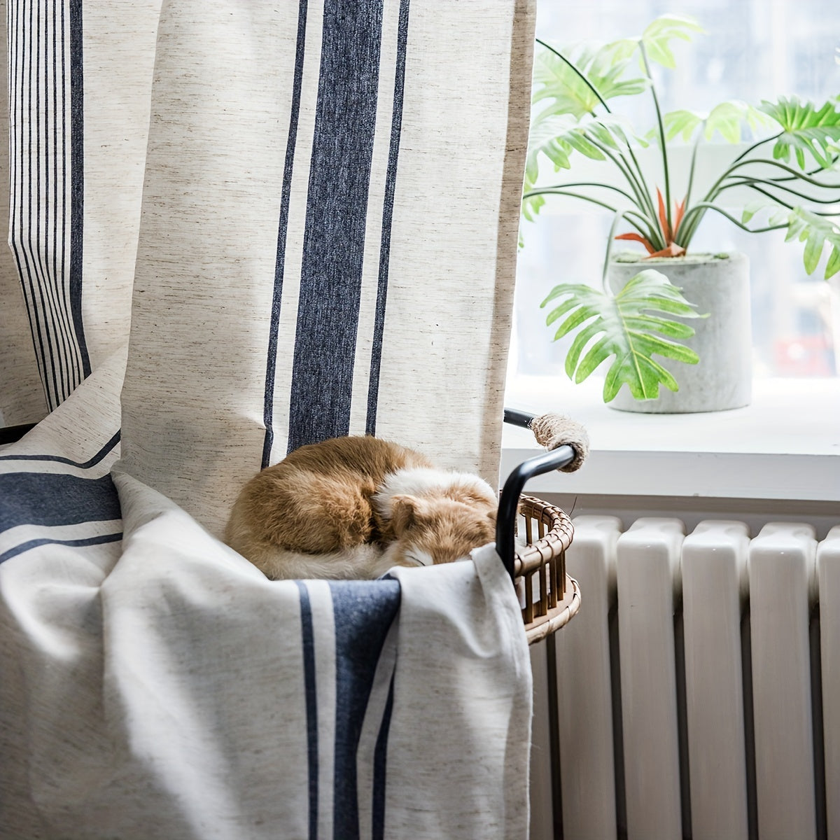 Stripe Navy Kitchen Curtain Half Blackout Cotton Linen Curtain
