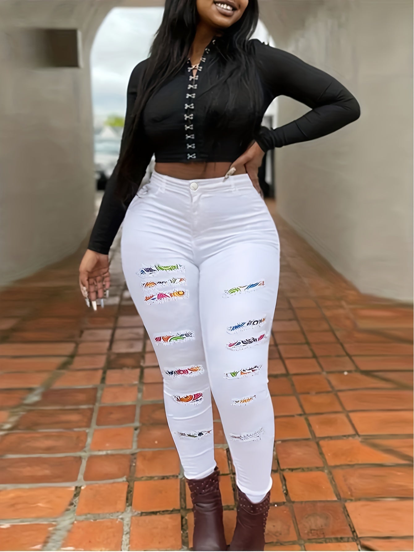 Sexy Jeans Women's Plus Graphic Patched Ripped Button Fly Skinny High