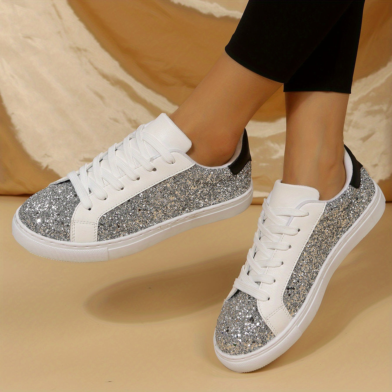 Sequin Decor Glitter Faux Leather Low Cut Lace Up Skate Shoes