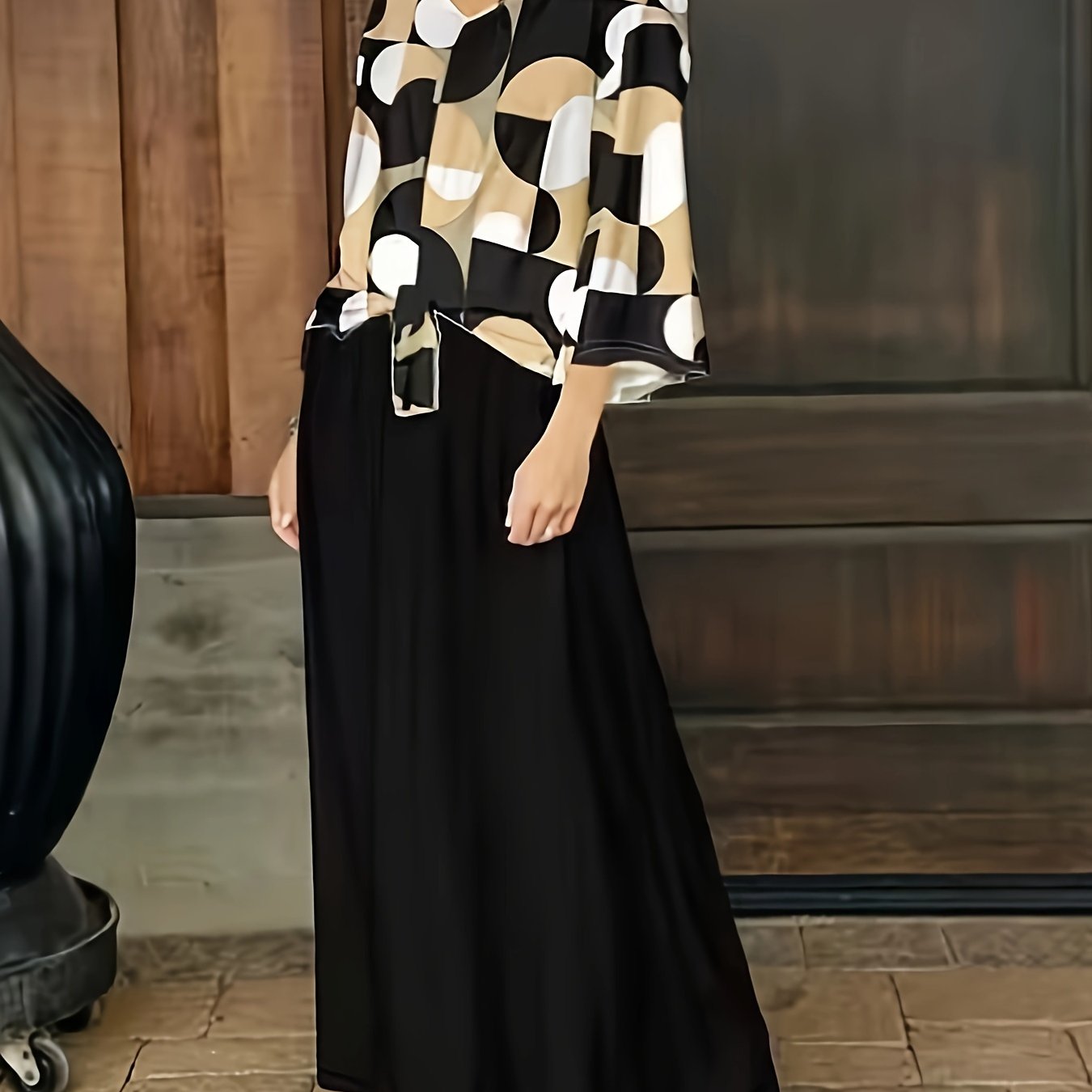 Plus Size Geometric Print Top & Wide Leg Pants Set