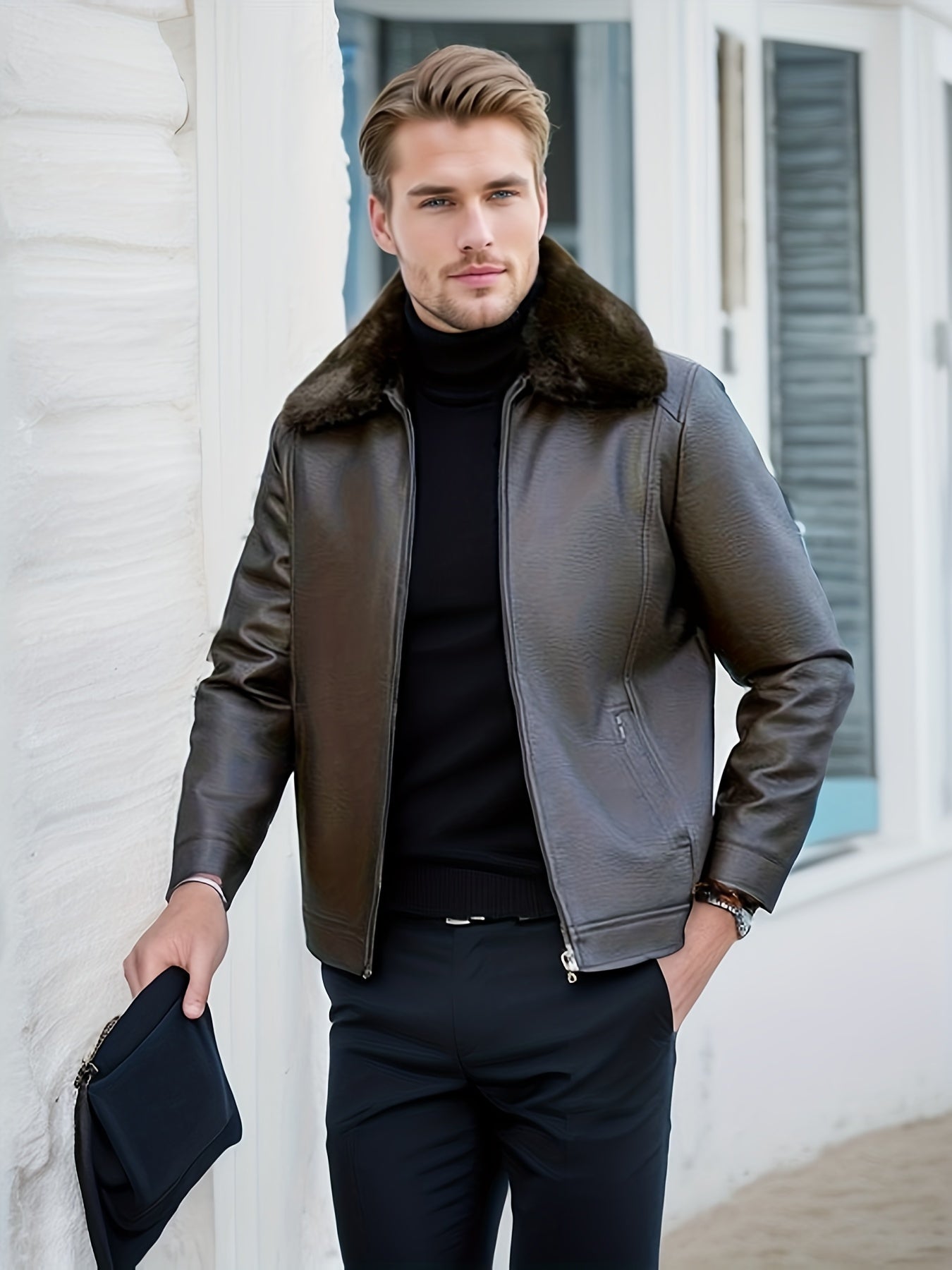 Men's Fleece PU Jacket Solid Zip-Up Fur Collar Faux Leather Fall Winter