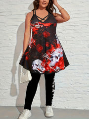 Gothic Dress Women's Plus Skull & Floral Print Criss Cross V Neck