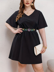 Floral Embroidered Ruffle Sleeve V Neck Dress
