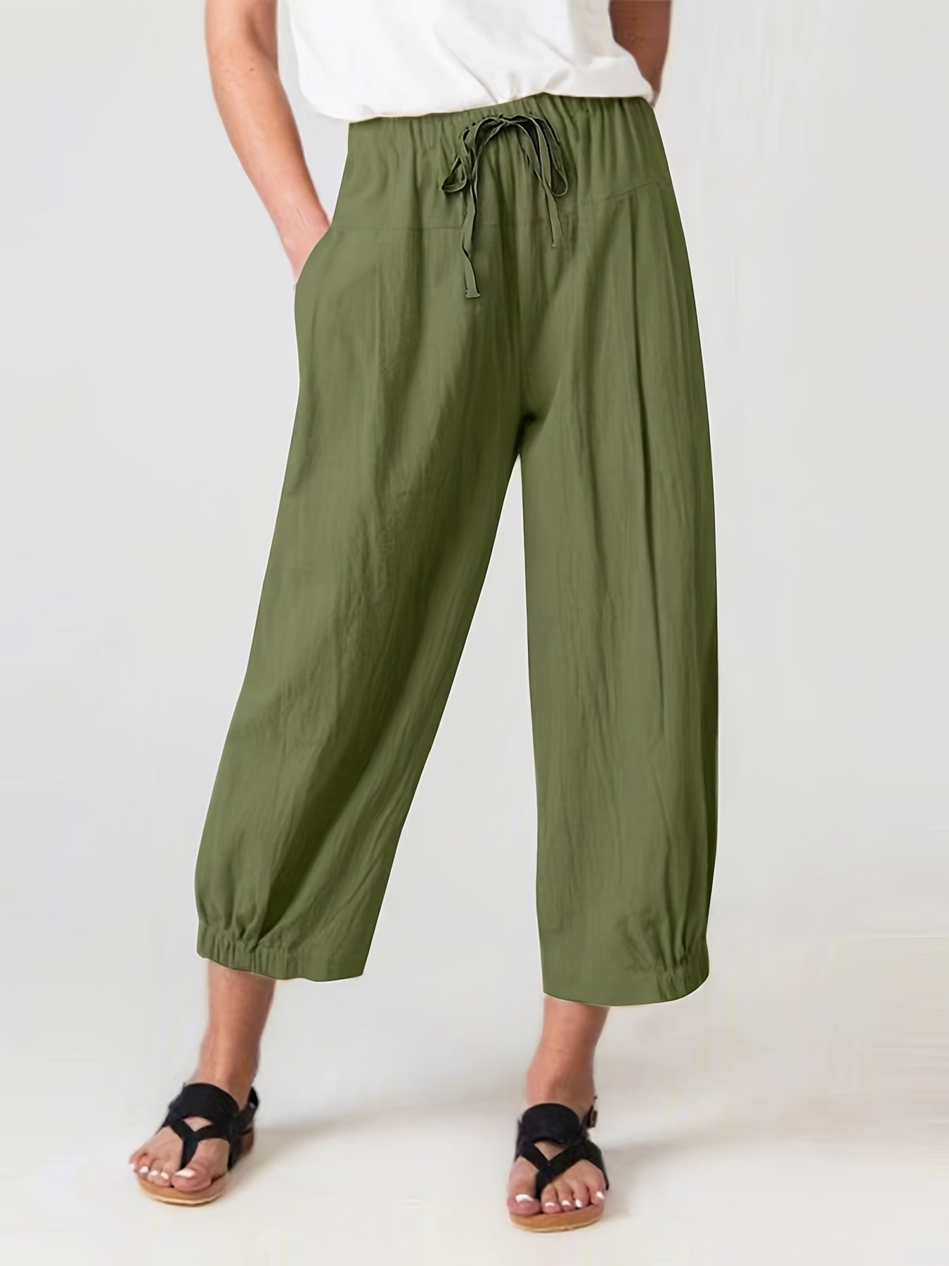 Drawstring Waist Cropped Pants Casual Elastic Trim Pants