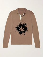Leaf Pattern Knit Polo Shirt Men's Casual Lapel Sweater