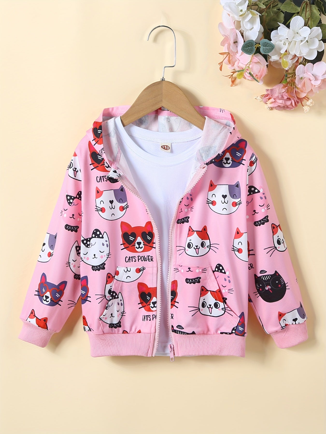 Girls Winter Hooded Jacket with Rainbow Stripes and Zipper Pockets