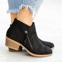 Women's Stacked Heel Ankle Boots Round Toe Side Zipper Casual Short Boots