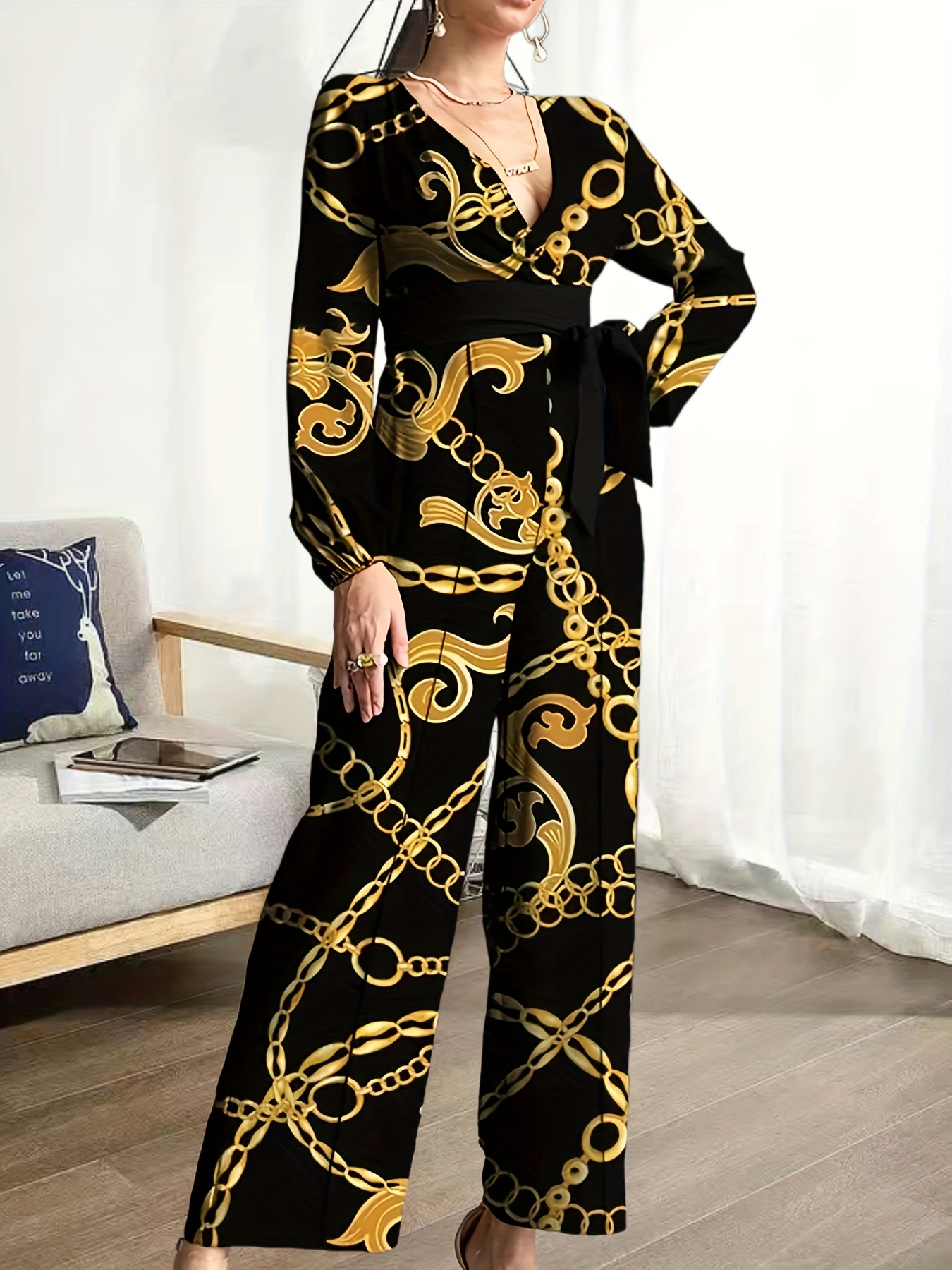Chain Print Belted Wide Leg Jumpsuit Long Sleeve V-Neck