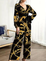 Chain Print Belted Wide Leg Jumpsuit Long Sleeve V-Neck
