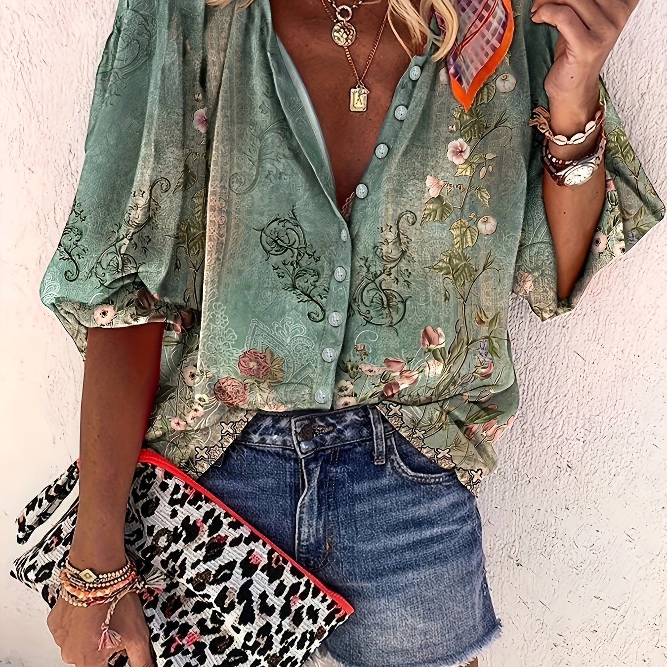 Floral Print Button Up Lantern Sleeve Blouse