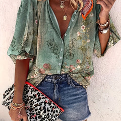 Floral Print Button Up Lantern Sleeve Blouse