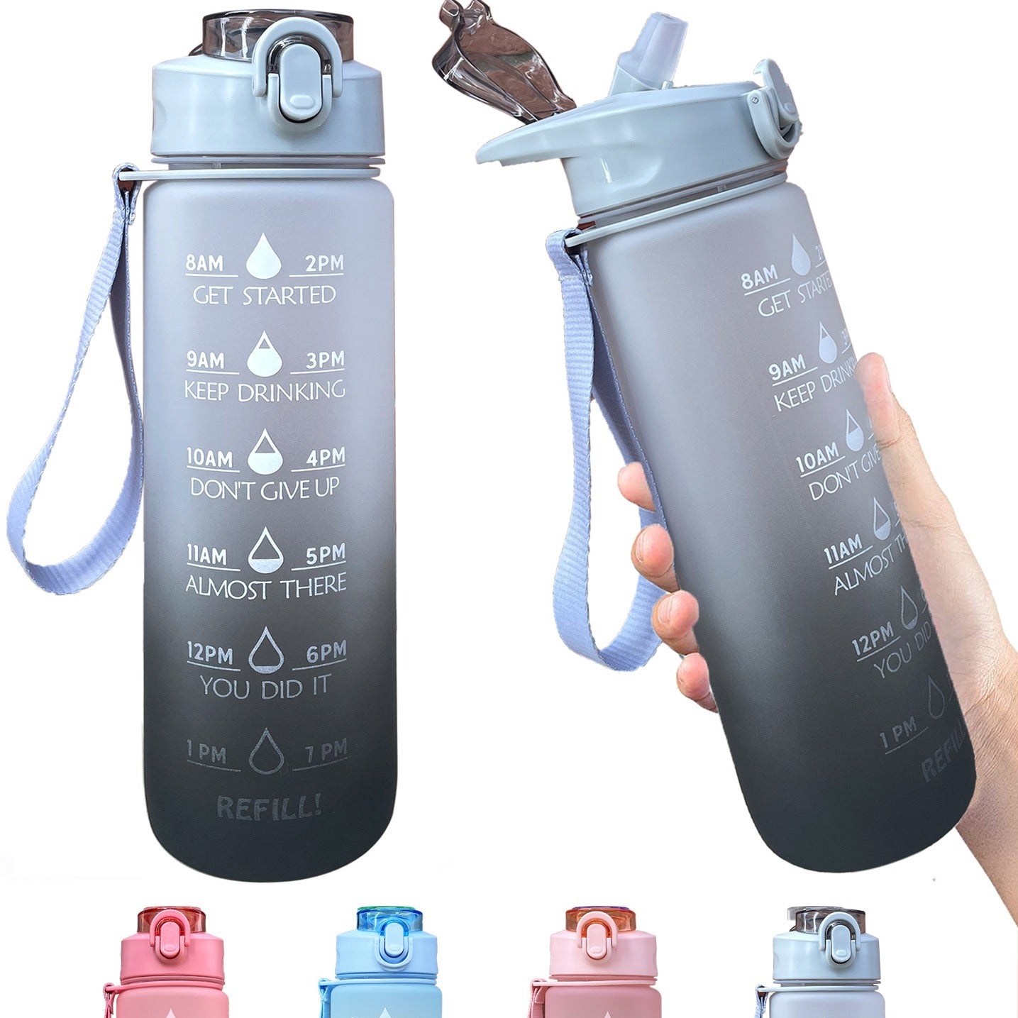 Gradient Sports Water Bottle with Time Marker and Straw