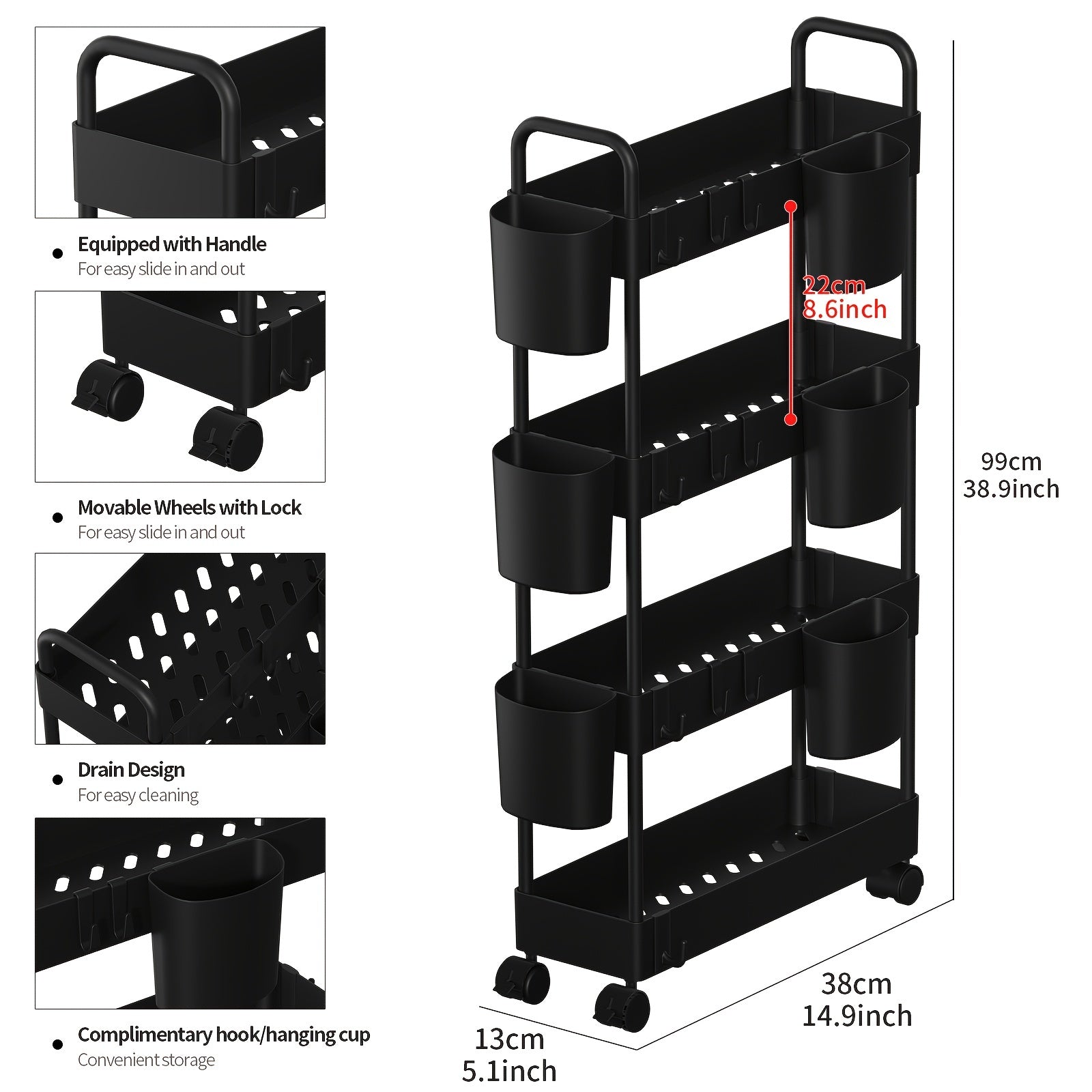 Kitchen Storage Slim Rack Small Cart Movable Living Room Plastic Storage Rack