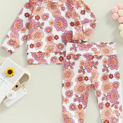 2pcs Toddler Girls Floral Print Top & Pants Set