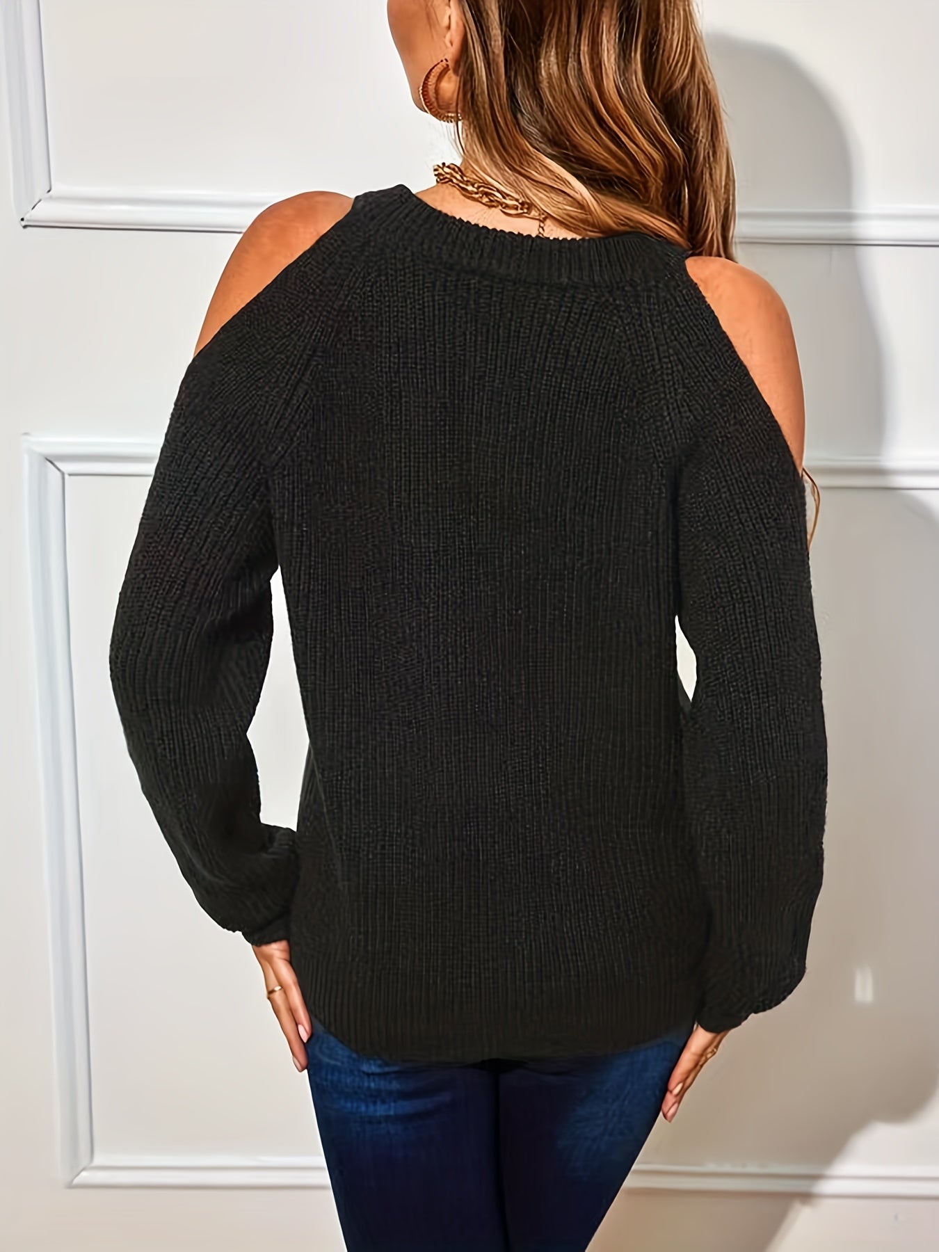 Cold Shoulder Pullover Sweater Crew Neck Long Sleeve