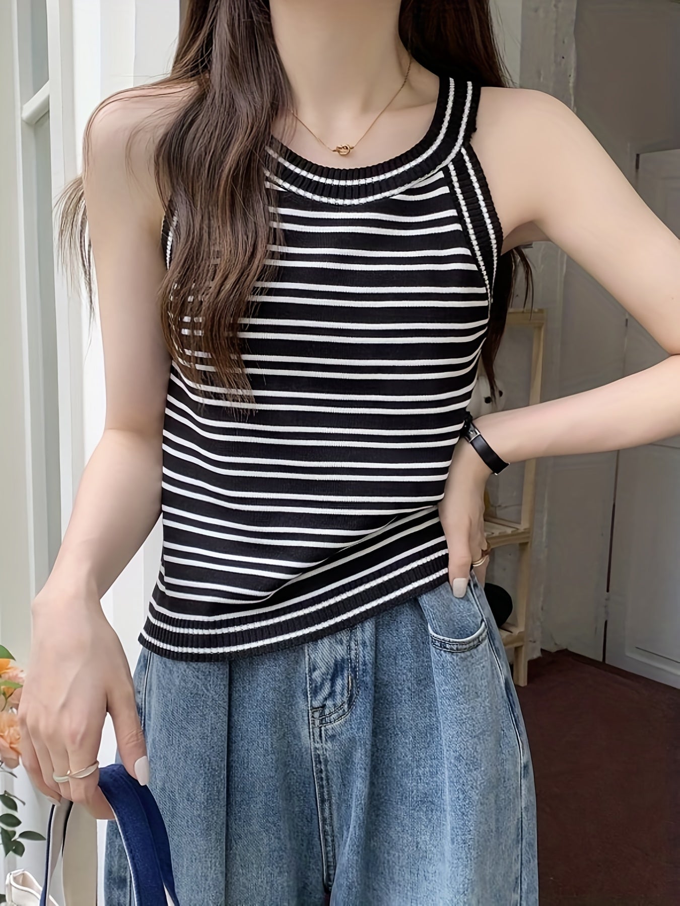 Striped Sleeveless Top Crew Neck Casual Summer Spring Wear