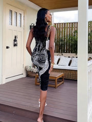 Abstract Print Spaghetti Strap Dress Bodycon Backless Cami Dress