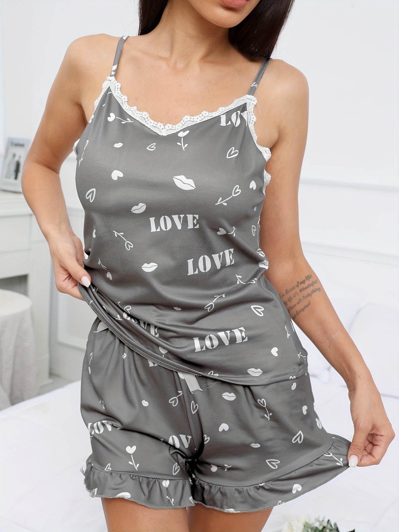 Heart & Letter Print Pajama Set with Lace Trim V Neck Cami Top & Ruffle Shorts