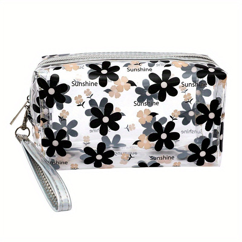 Floral Pattern PVC Makeup Bag Clear Cosmetic Bag With Wrist Strap