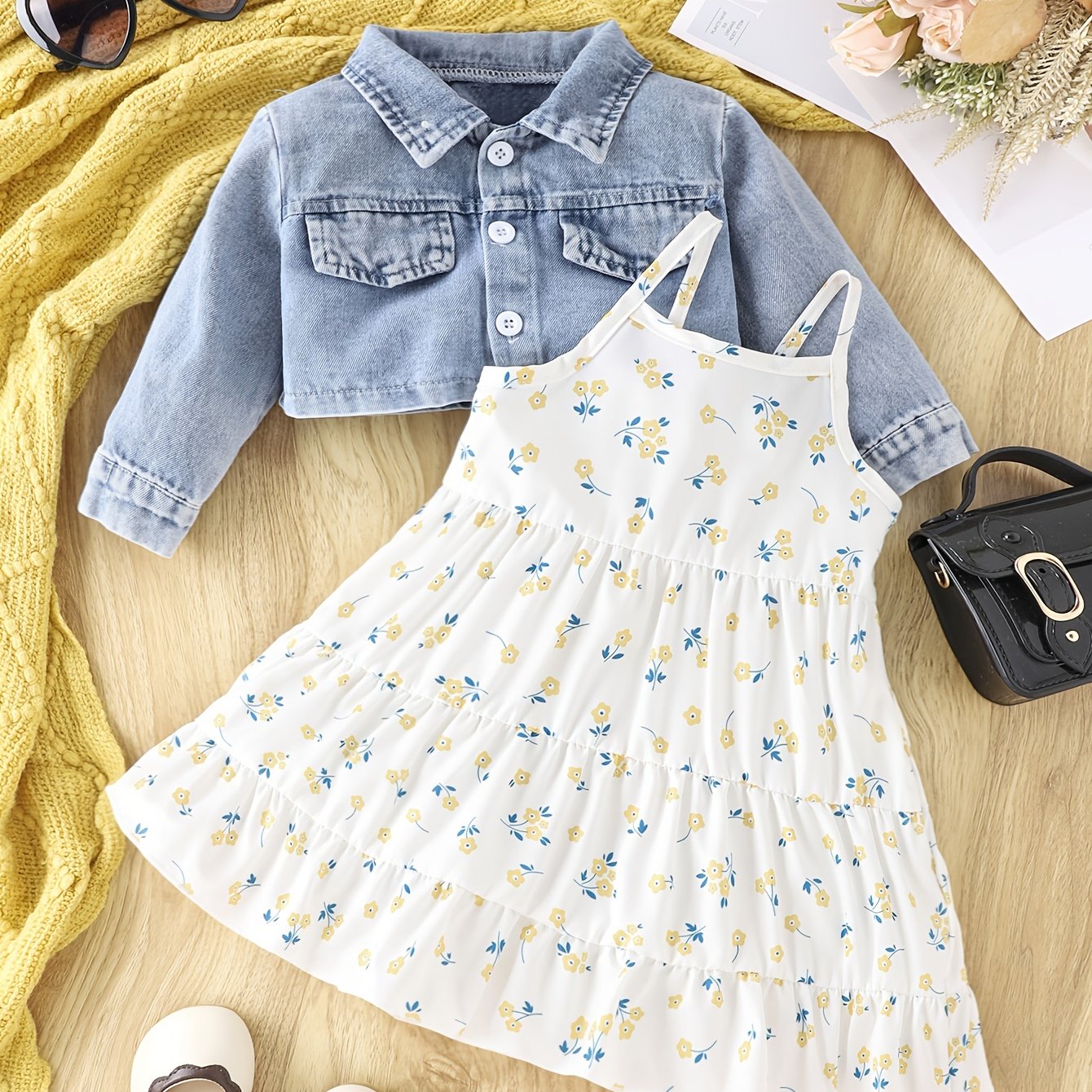 Baby Girls Stylish Denim Short Coat & Floral Print Suspender Dress Set
