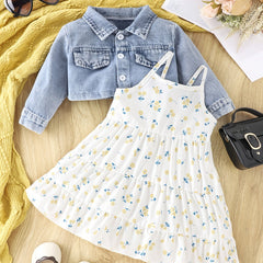 Baby Girls Stylish Denim Short Coat & Floral Print Suspender Dress Set