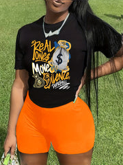 Spring Summer Two piece Set Graphic Print Tee & Solid Shorts