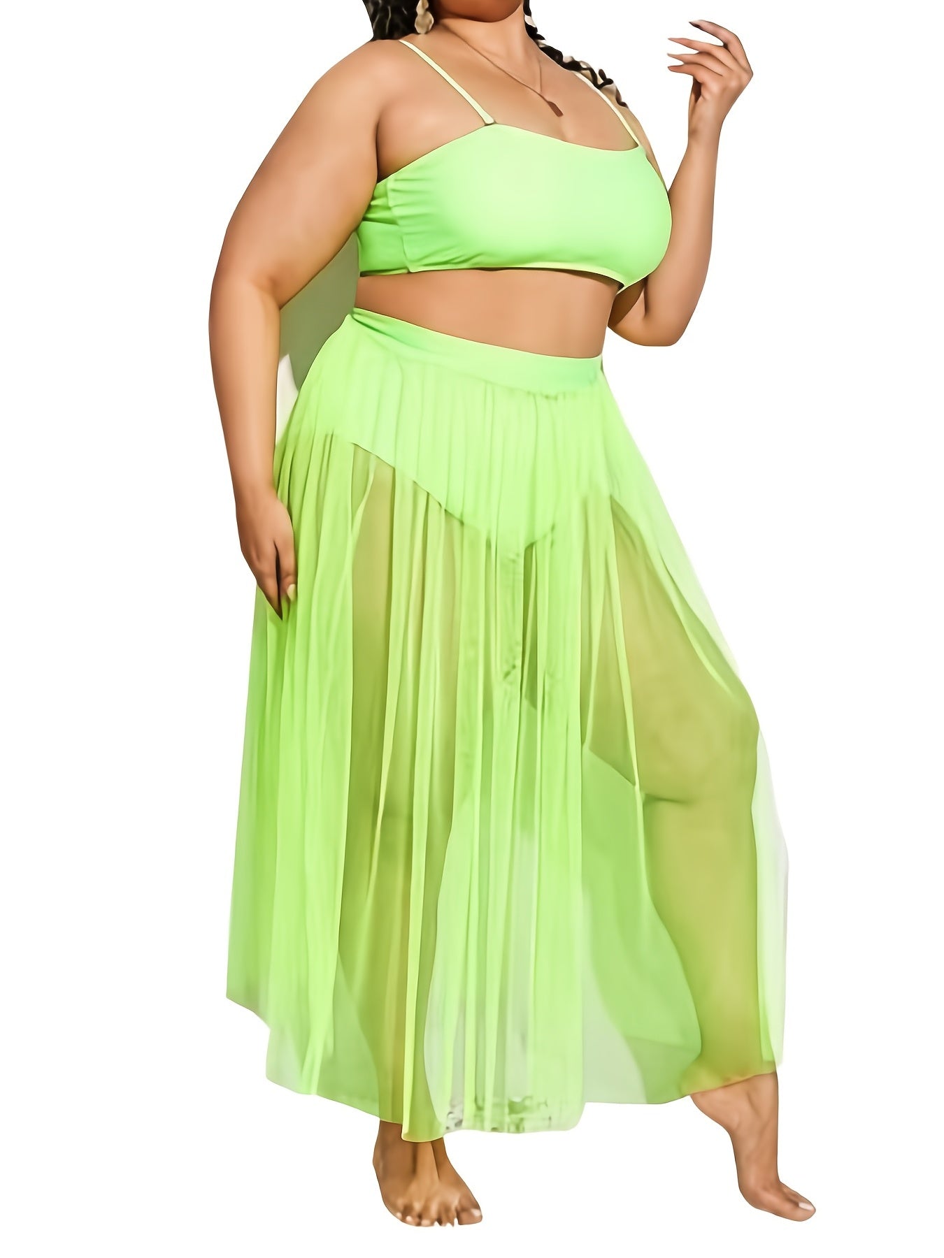 Solid Cami Top & Panties & Mesh Skirt Swimsuit Set Women's Plus