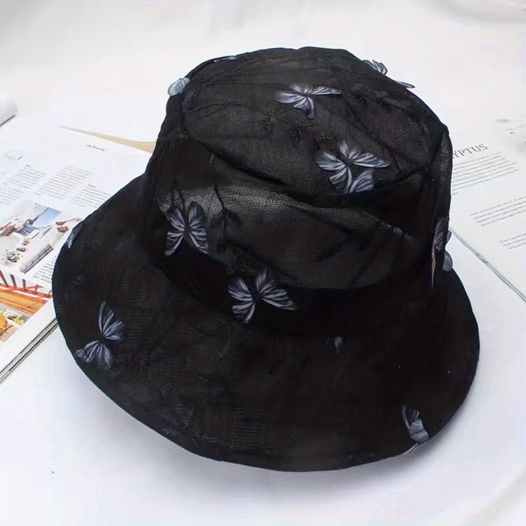 Flower Butterfly Decor Bucket Hat Lace Sun Hat Foldable Travel Beach Hats