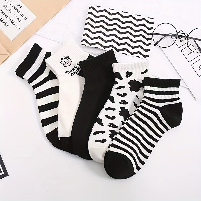 10 Pairs Cartoon Cow Print & Striped Ankle Socks Women's Stockings