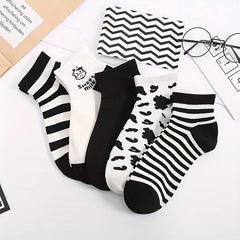 10 Pairs Cartoon Cow Print & Striped Ankle Socks Women's Stockings