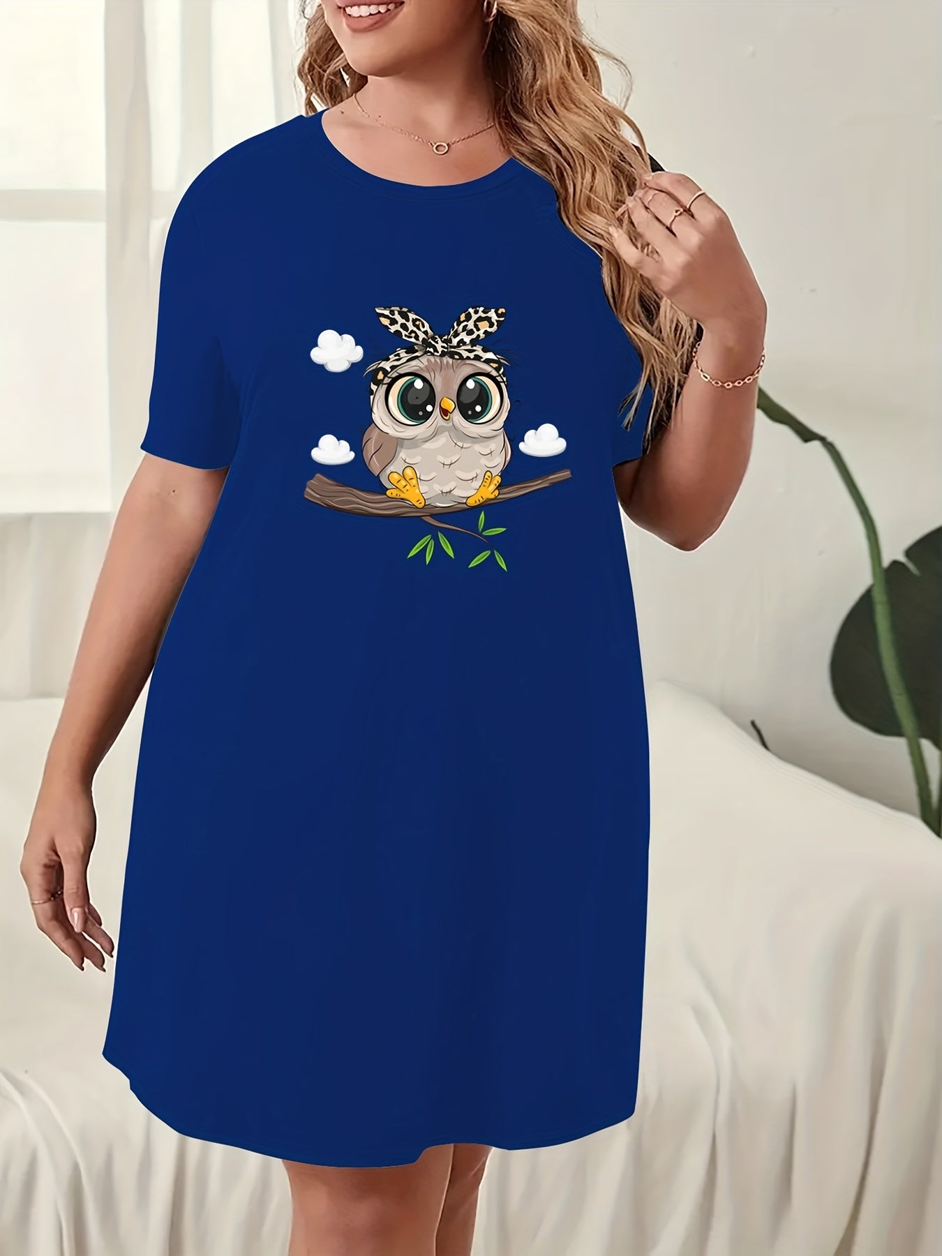 Owl Print Nightdress Short Sleeve Sleep Dress