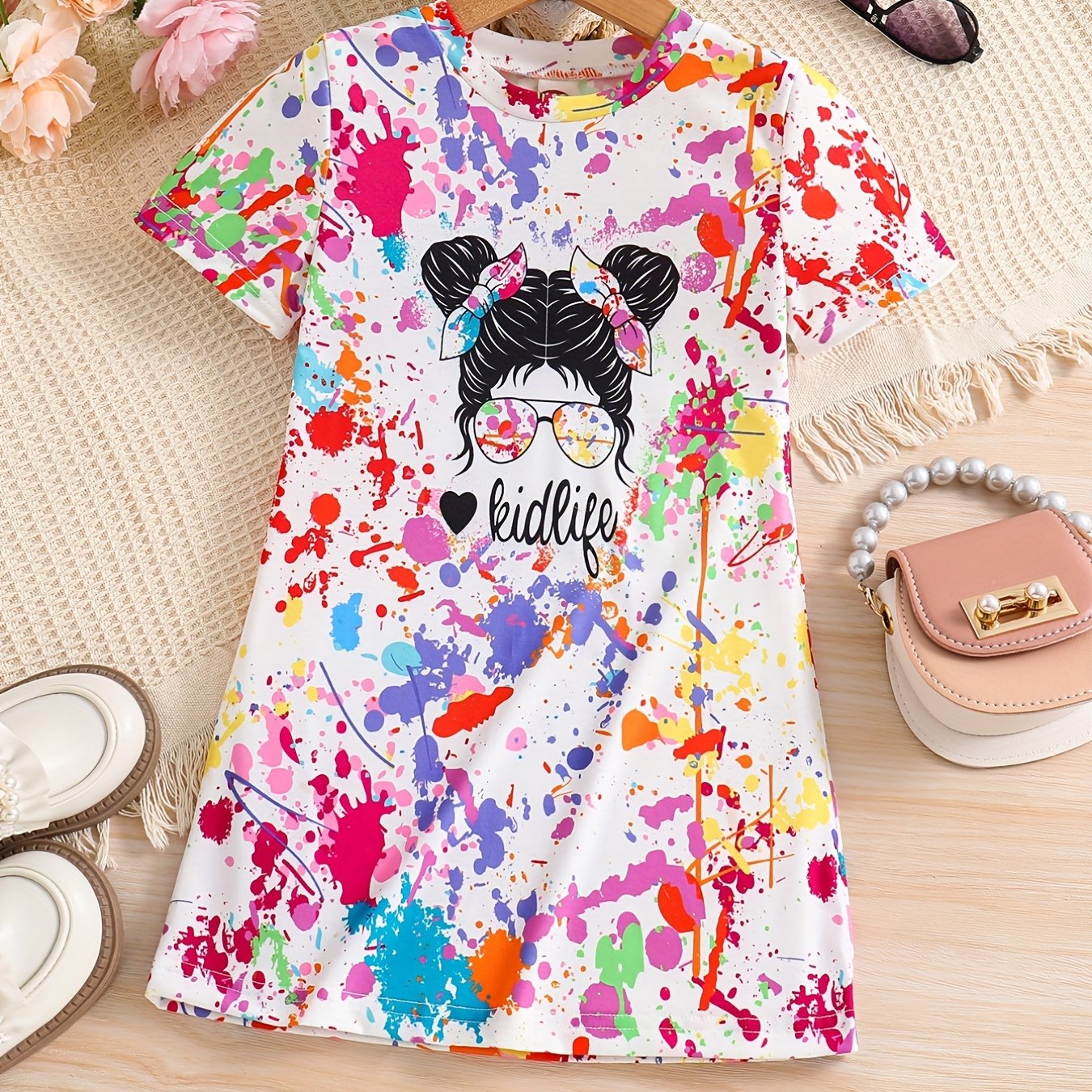 Girls' Colorful Portrait Print Tee Dress for Summer
