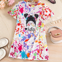 Girls' Colorful Portrait Print Tee Dress for Summer