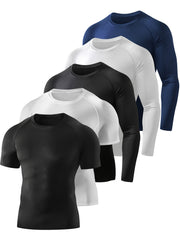 5 Pack Men's Compression Workout Shirts Short & Long Sleeve Rash Guard