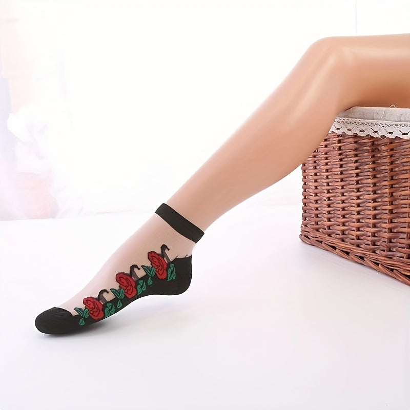 5 Pairs Floral Print Mesh Short Socks Women's Stockings