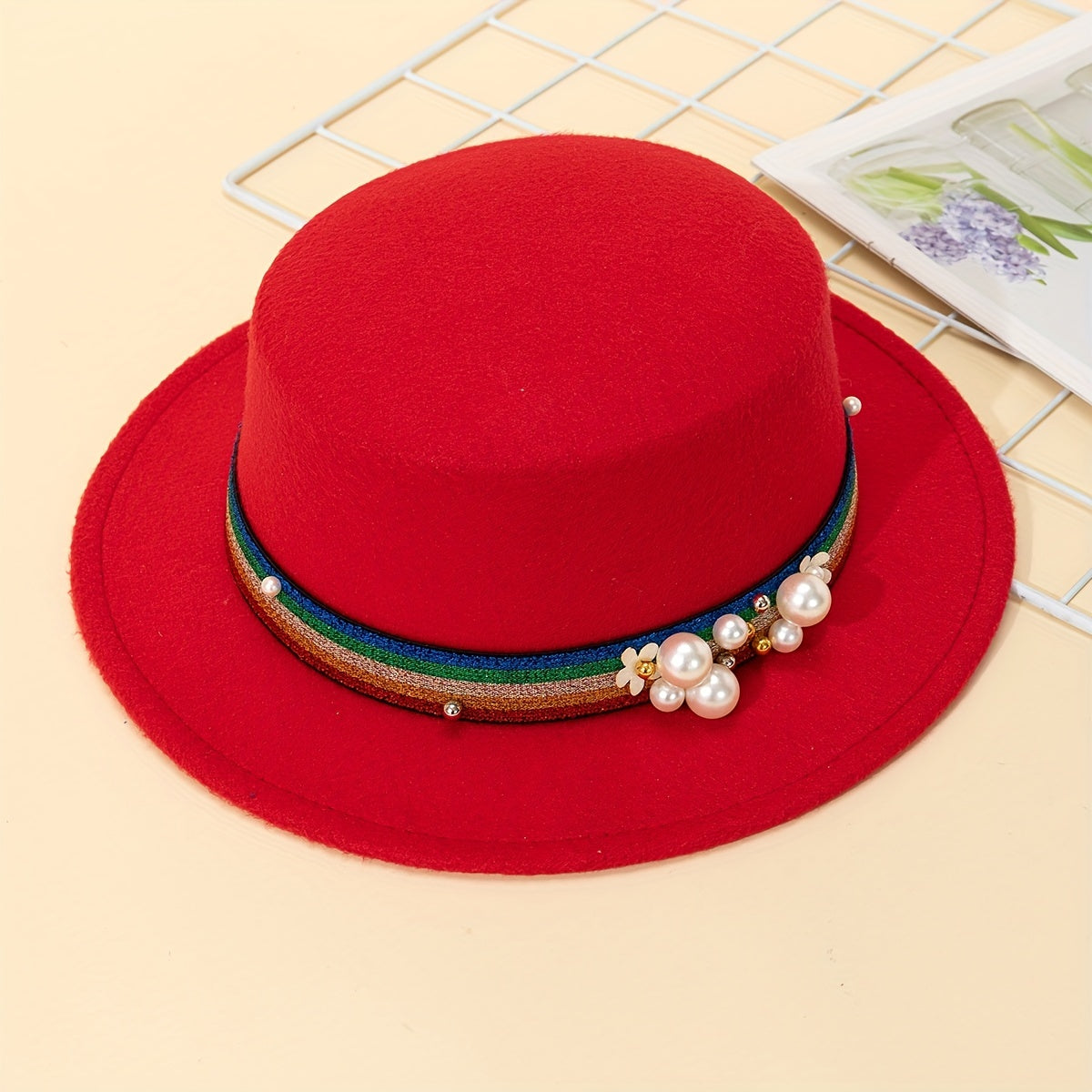 Rainbow Pearl Flat Top Woolen Hat for Adult