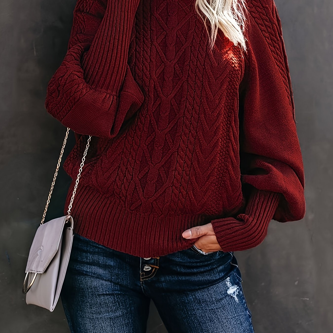 Solid Cable Lantern Sleeve Sweater